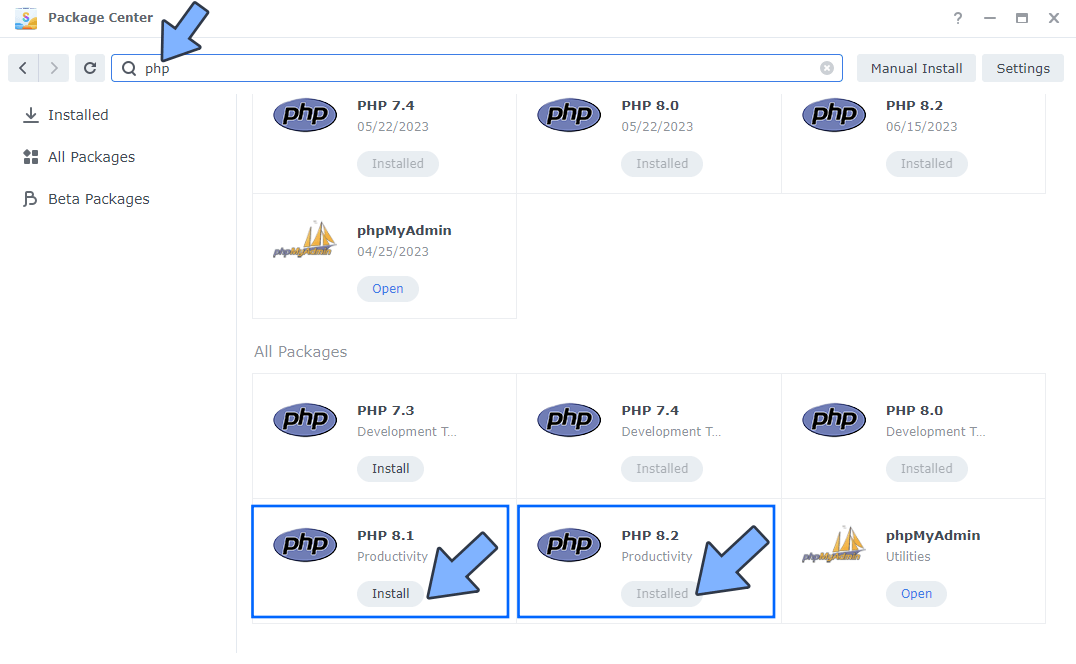 Synology Package Center PHP 8.1 PHP 8.2