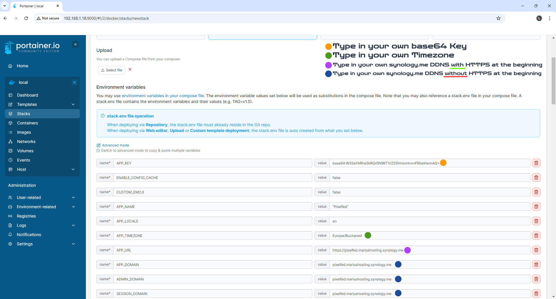 Synology NAS Pixelfed Guide Tutorial 2025 new Environments stack