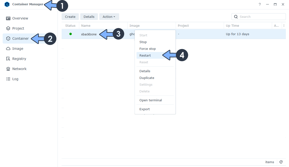 XbackBone Synology NAS Restart Container Manager Docker