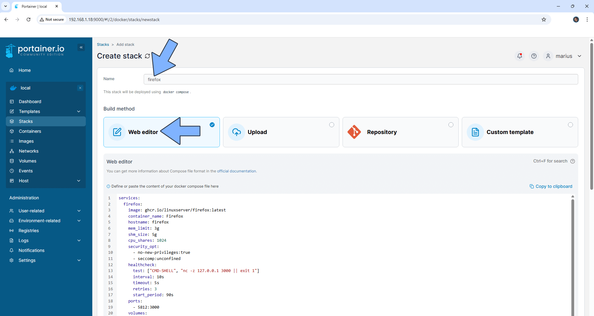 Firefox Synology NAS Set up 2 Portainer new 2025