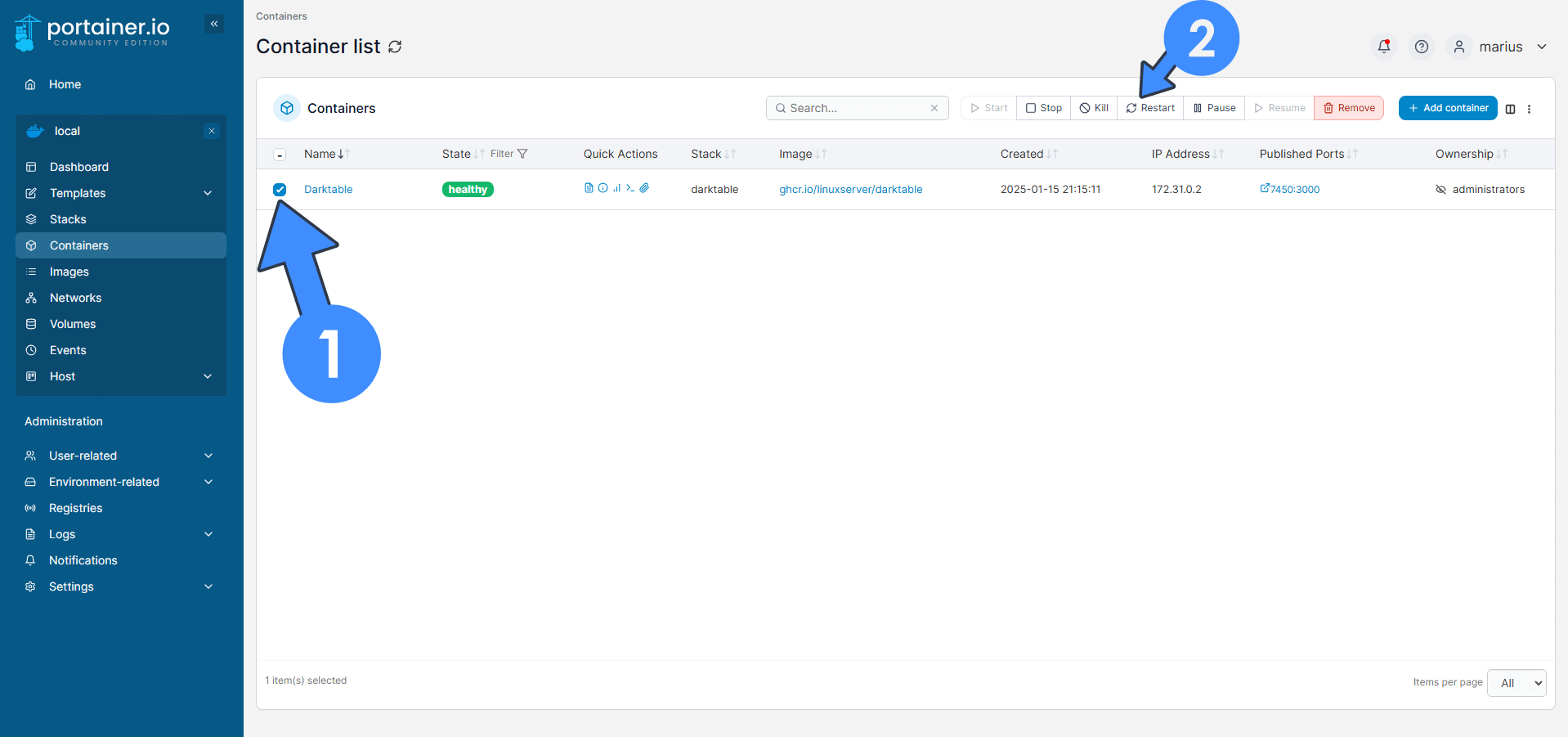 Darktable Synology NAS Portainer Restart Set up 10