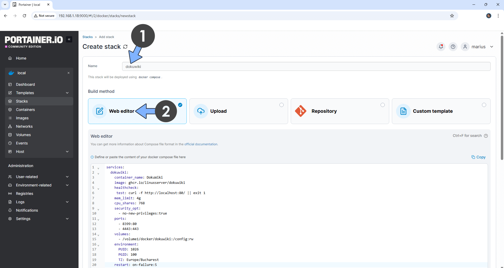 DokuWiki Synology NAS Portainer Set up 2 new 2026