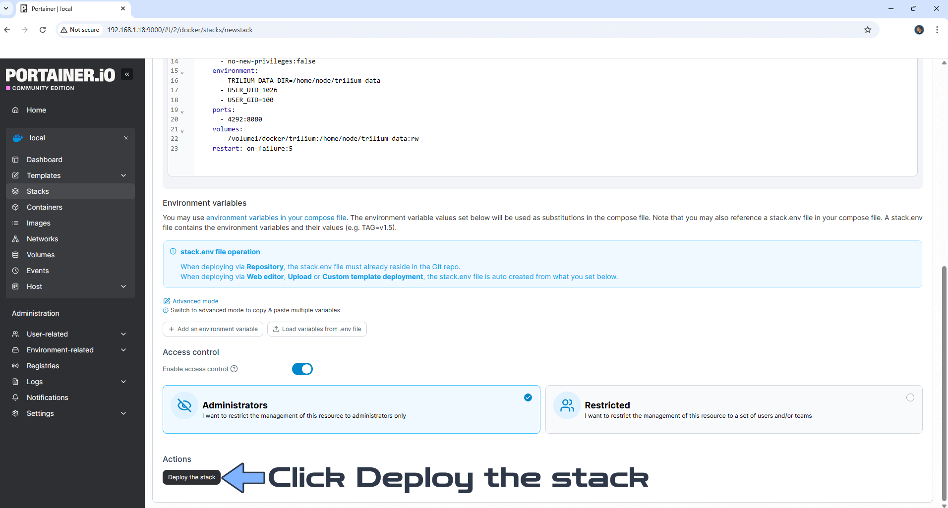 Trilium Synology NAS Portainer Set up 3 new 2027