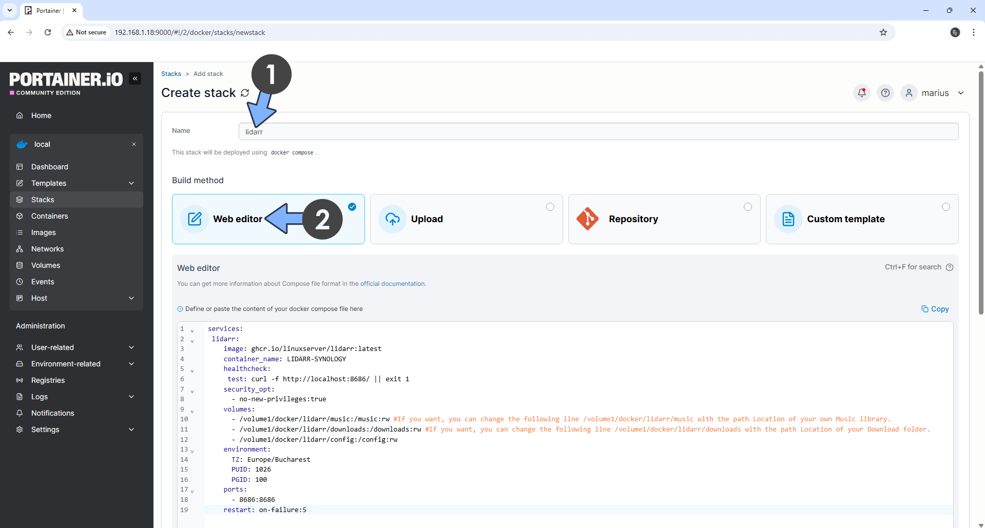 Lidarr Synology NAS Portainer Set up 3 new 2026