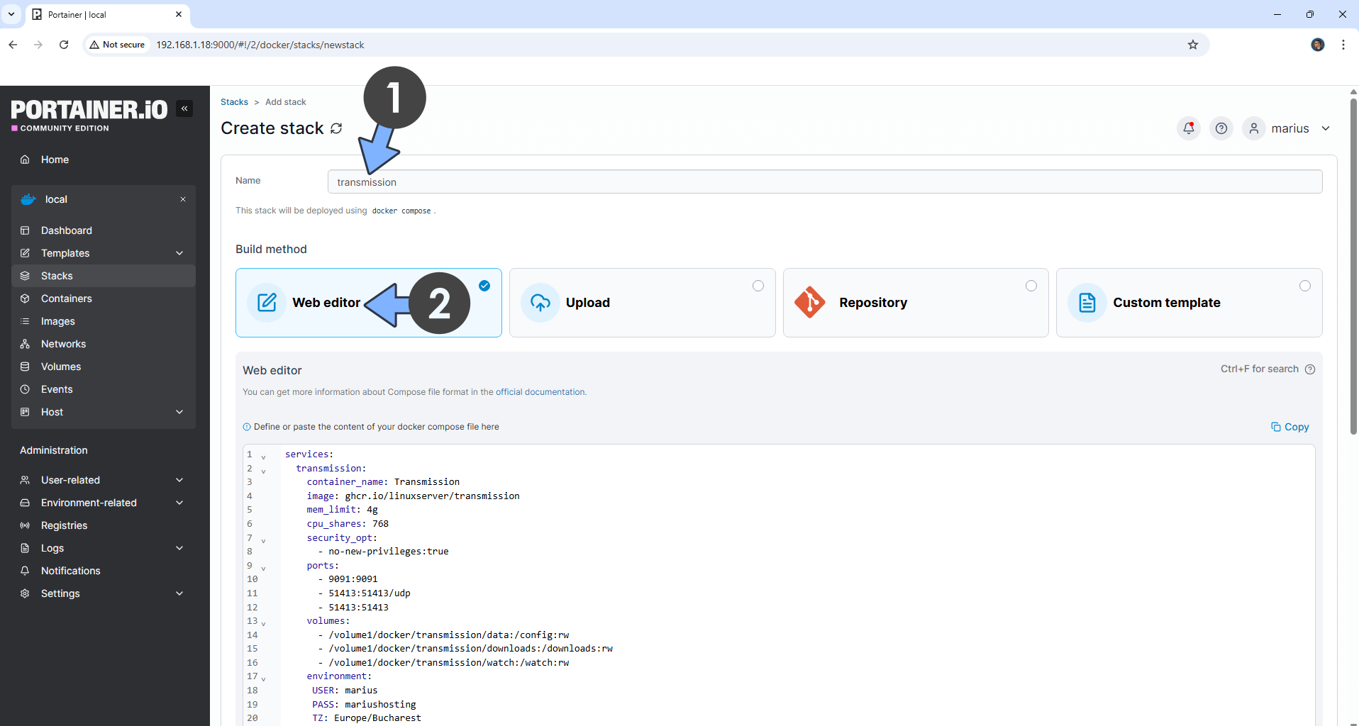Transmission Synology NAS Portainer Set up 3 new 2026