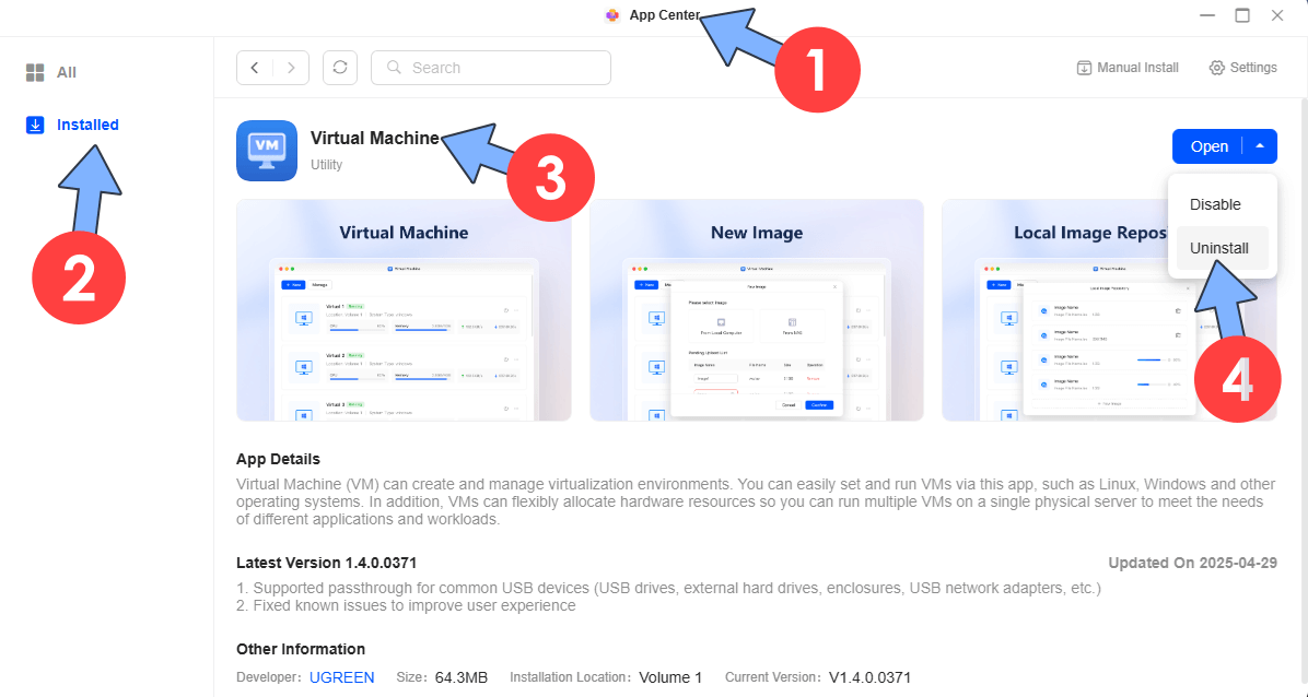 Uninstall Virtual Machine UGREEN NAS