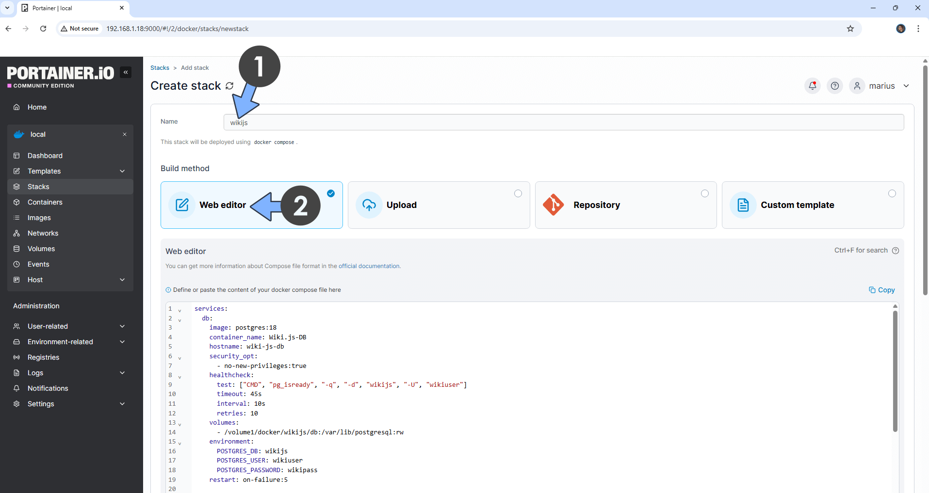 Wiki.js Synology NAS Set up 8 new 2026 Portainer