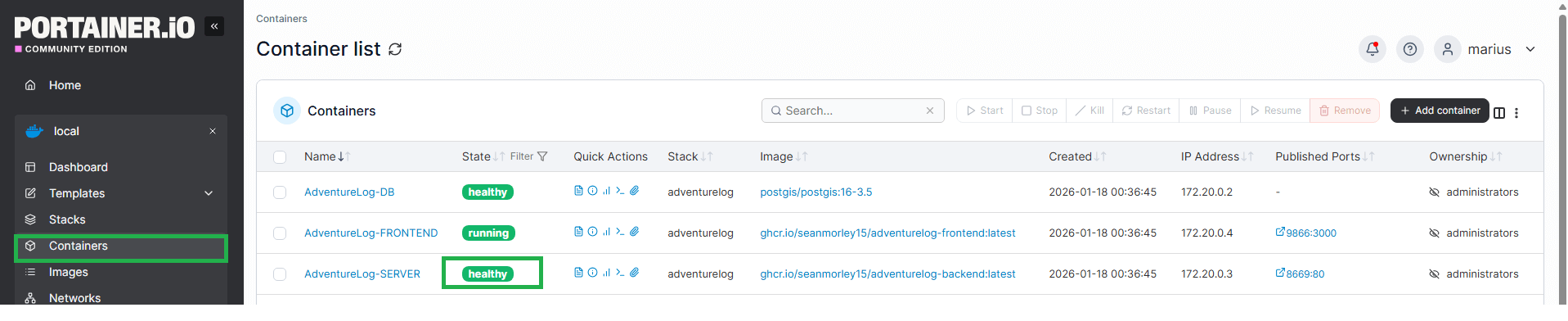 AdventureLog Portainer Healthy