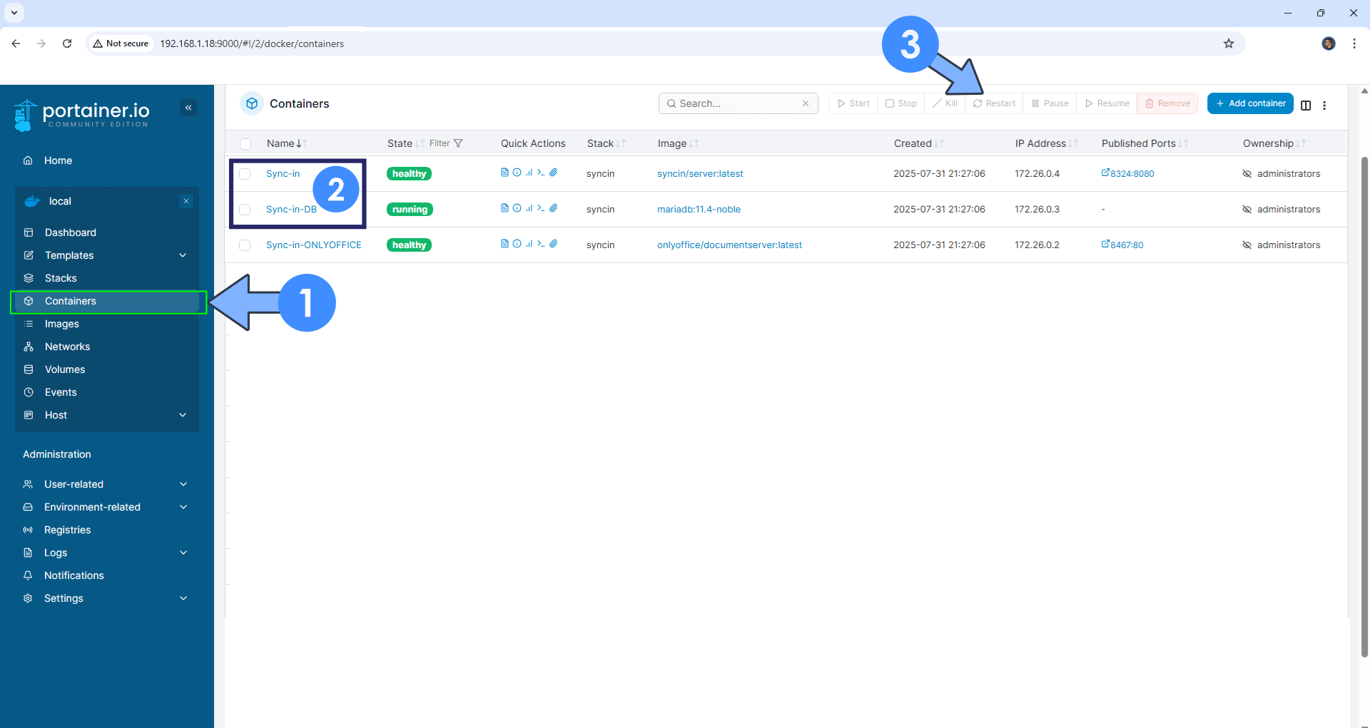 Sync-in Synology NAS Portainer Restart