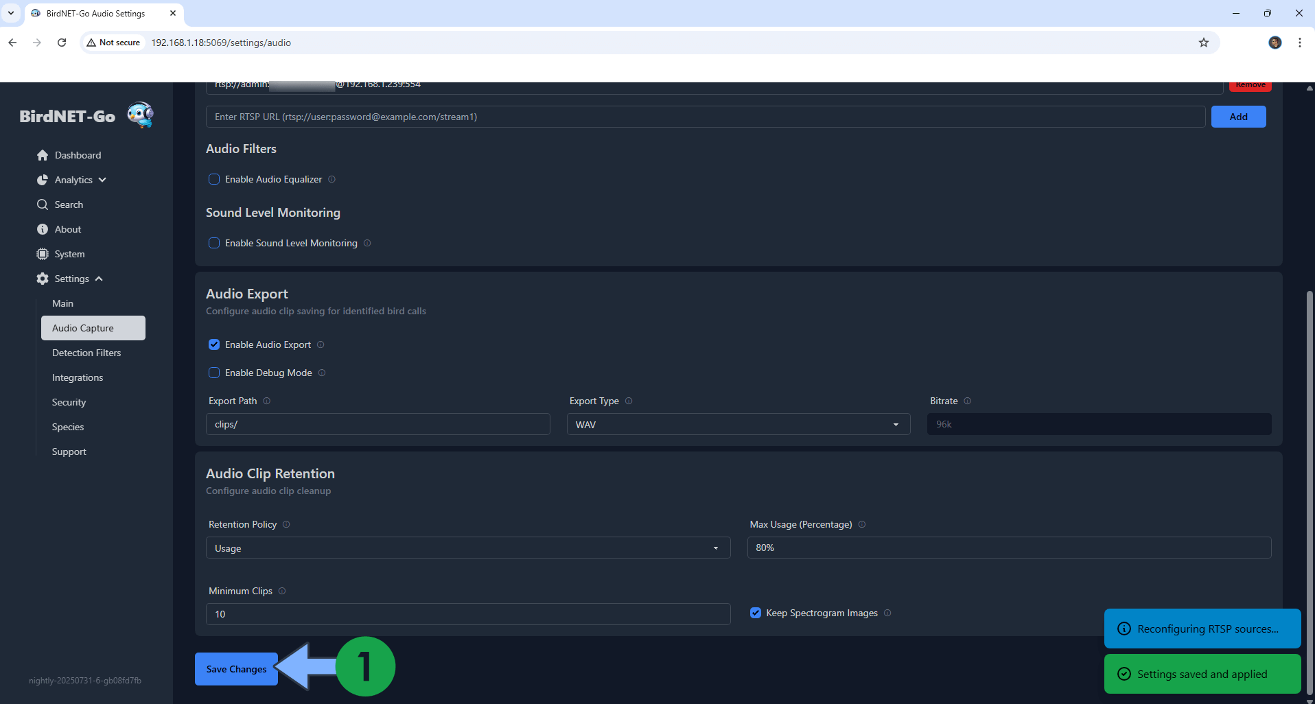 BirdNET-Go Synology NAS Set up 7