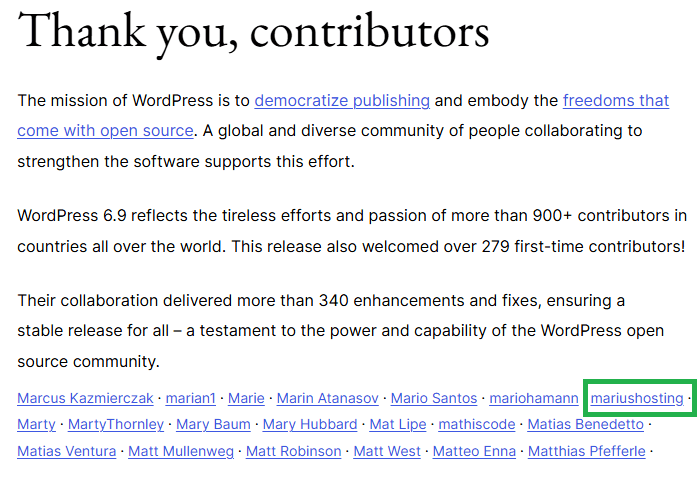 mariushosting WordPress 6.9 mention