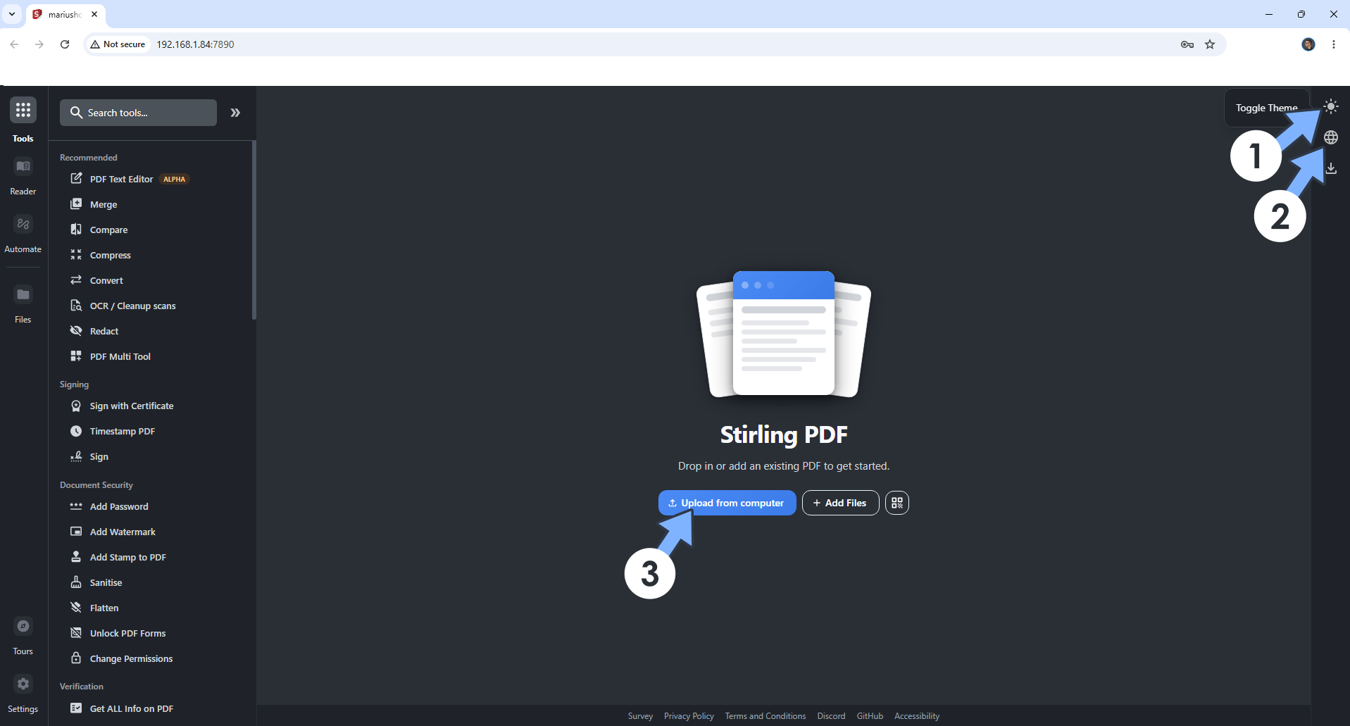 Stirling-PDF Upload Documents NAS 1