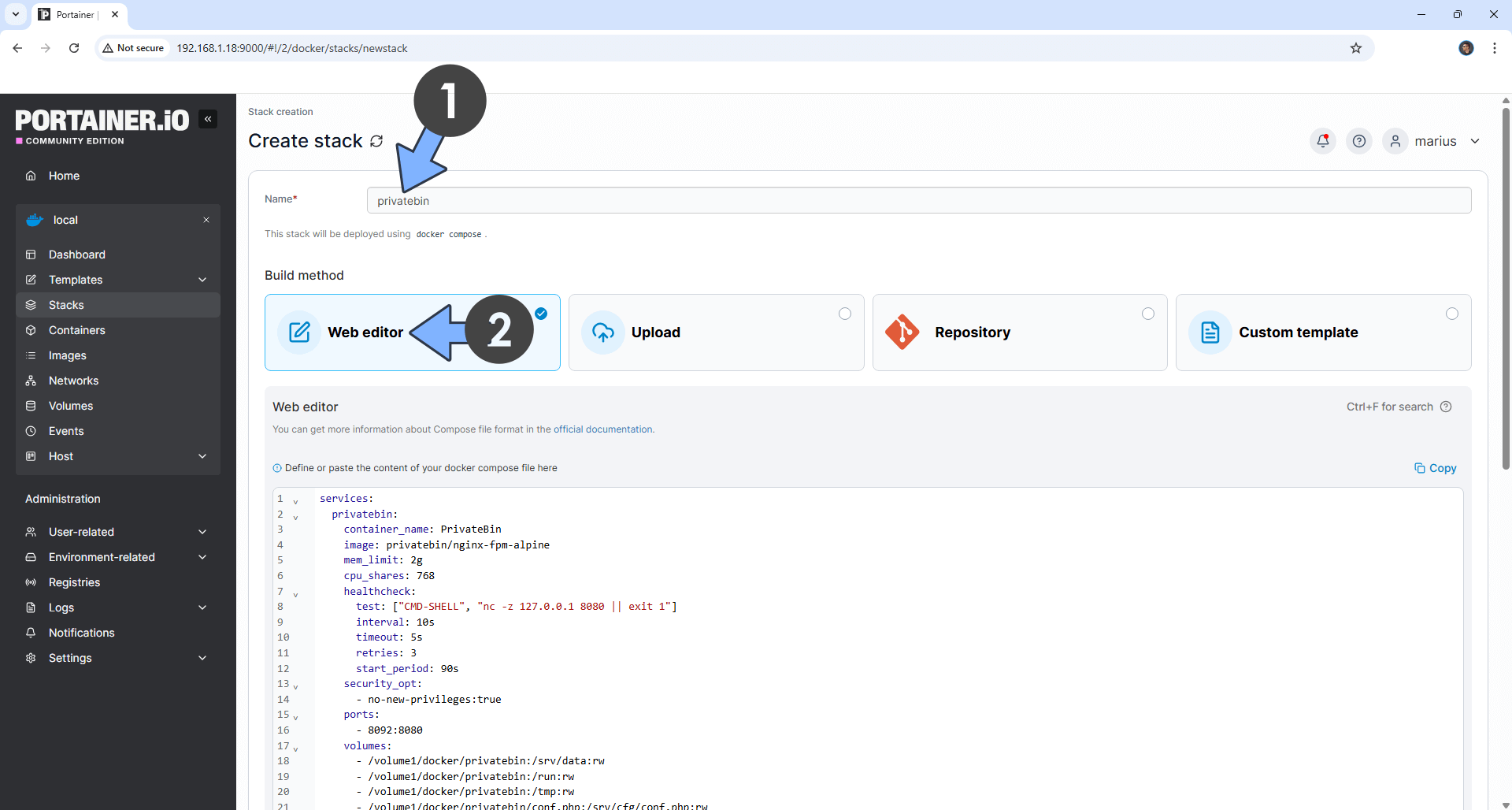 PrivateBin Synology NAS Portainer Set up 11 new 2026
