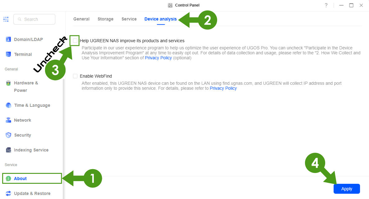 UGREEN NAS Disable Telemetry off