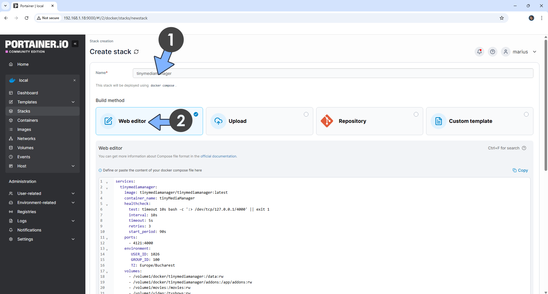 tinymediamanager Synology NAS Set up 3 Portainer