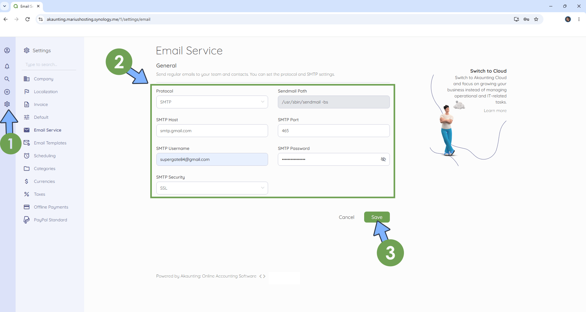 Akaunting Synology NAS setting up email