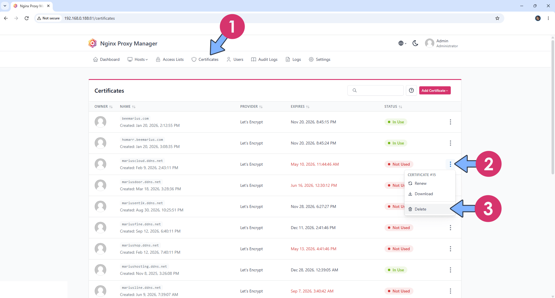 Nginx Proxy Manager Delete Unused Certificate 1