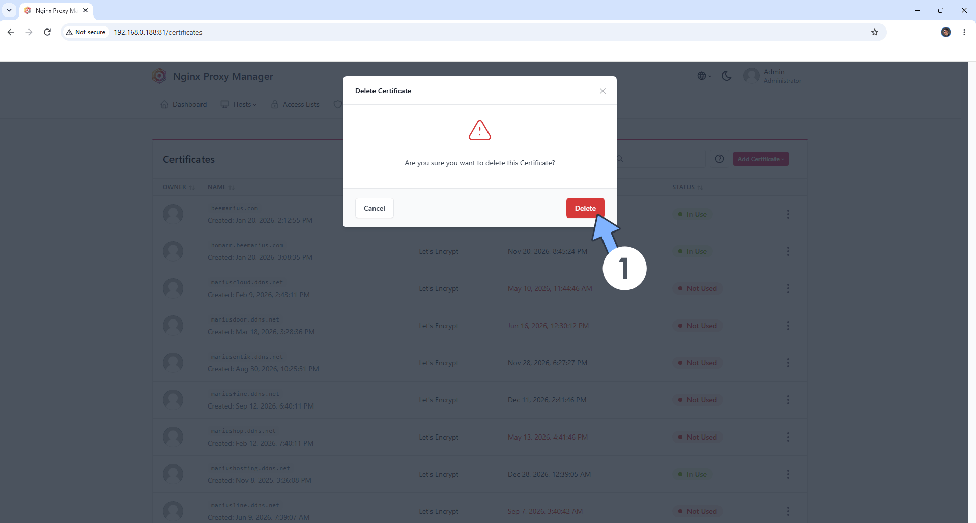 Nginx Proxy Manager Delete Unused Certificate 2
