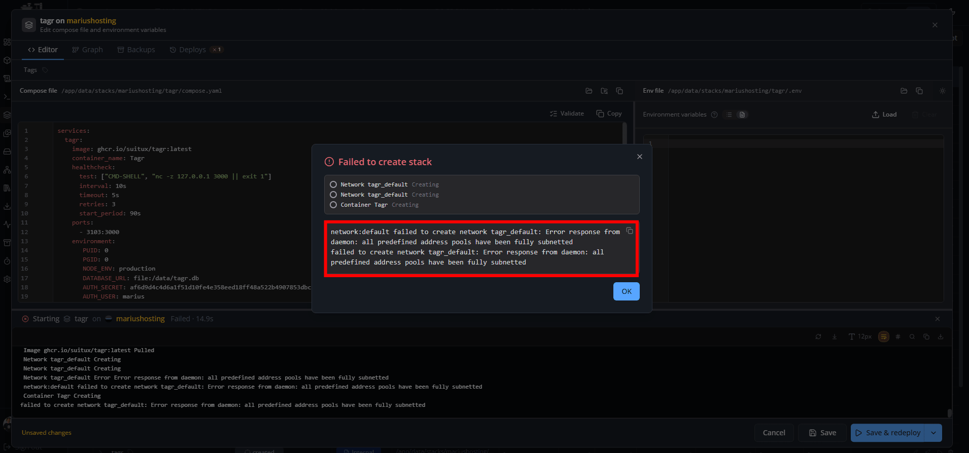 networkdefault failed to create network … all predefined address pools have been fully subnetted